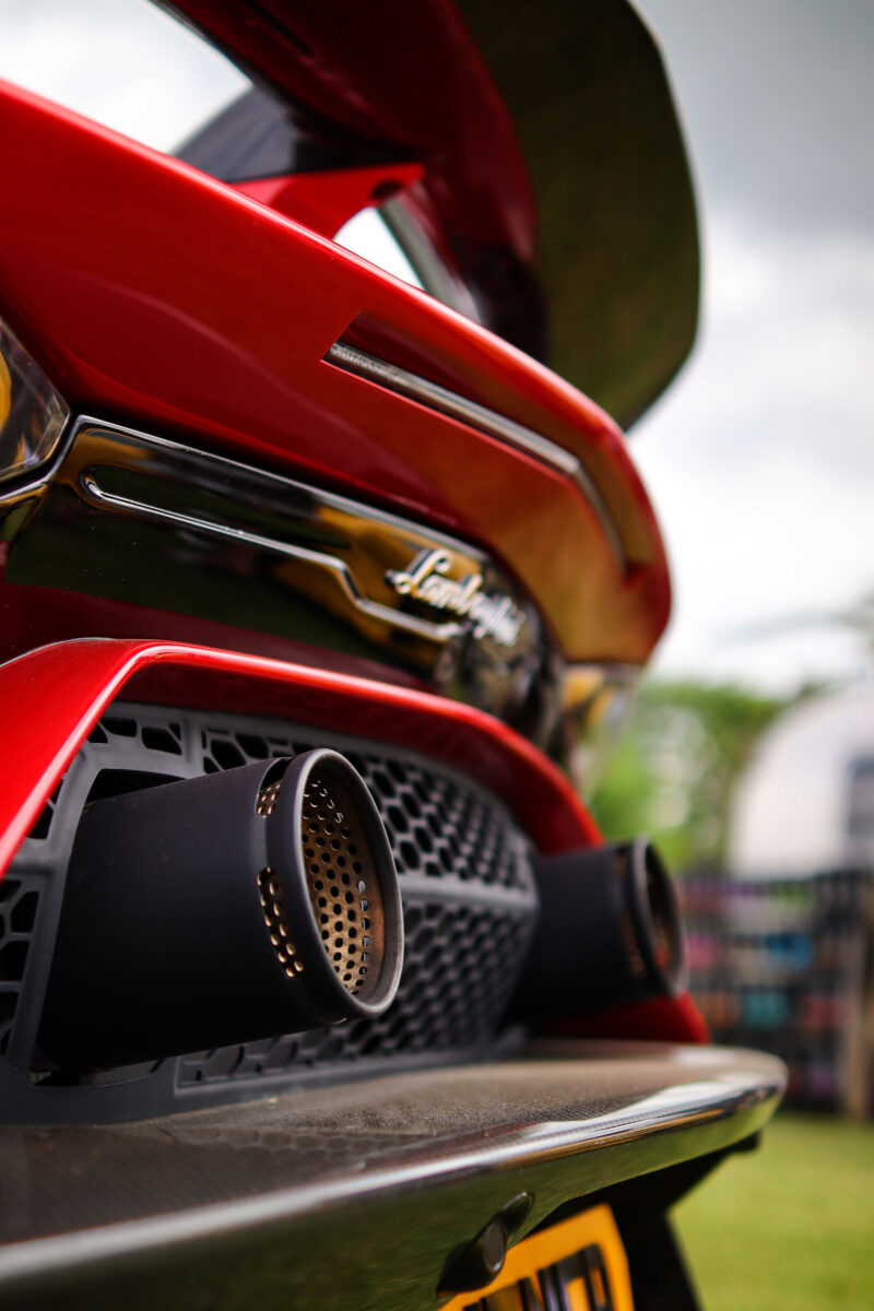 Red Lamborghini Aventador with exuast pipes