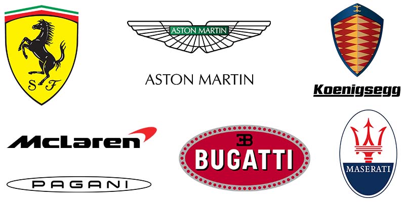 Ferrari logo, Aston Martin logo, Koenegsigg logo, McLaren logo, Pagani logo, Bugatti logo, Maserati logo