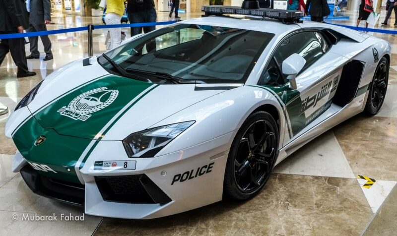 Lamborghini Aventador Police car in a building with a marble floor in Dubai