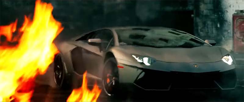 Fire in front of a Lamborghini Huracan in Transformers Age of Extinction