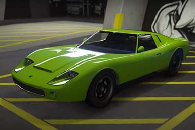 Pegassi Monroe in green inside a parking garage in Grand Theft Auto the video game.
