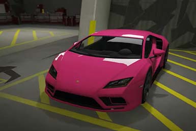 Pegassi Tempesta in hot pink in a parking garage in Grand Theft Auto the video game.