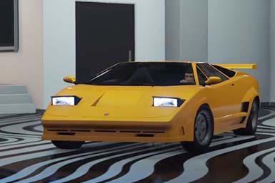 Pegassi Torero in Grand Theft Auto in yellow in an interior with zebra stripes on the floor.