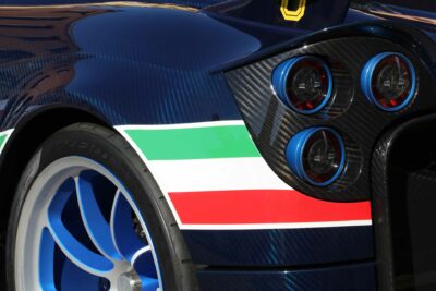 Blue carbon fibre Pagani Huayra with an Italian tricolore stripe