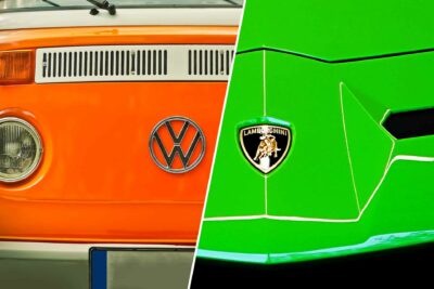 Orange Volkswagen bus and Lamborghini Aventador in green