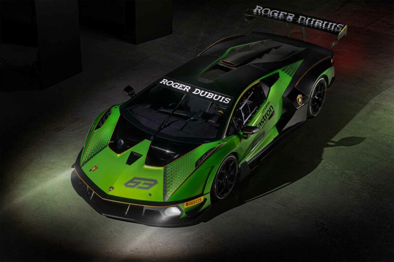 Lamborghini Essenza race car outfitted for Roger Dupuis in green.