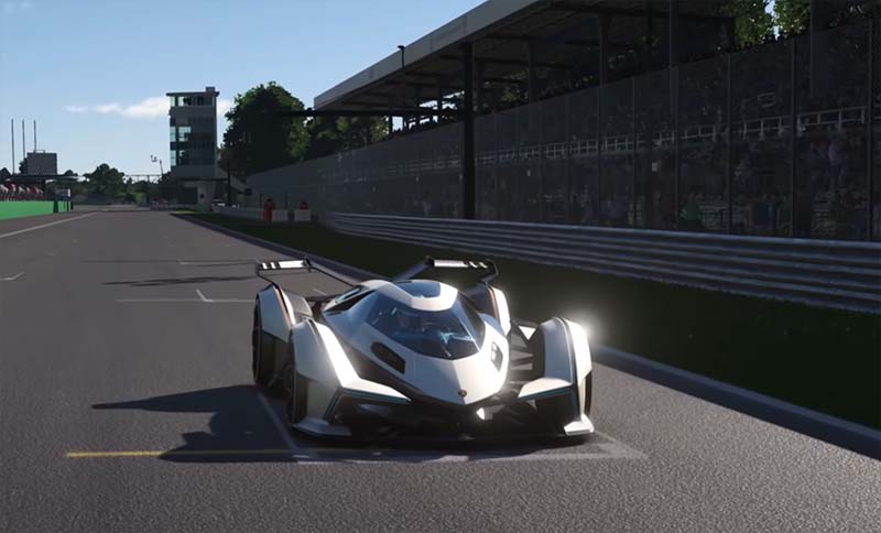 White Lamborghini V12 Vision GT in gameplay from Gan Turismo 7. Sitting at the starting line.