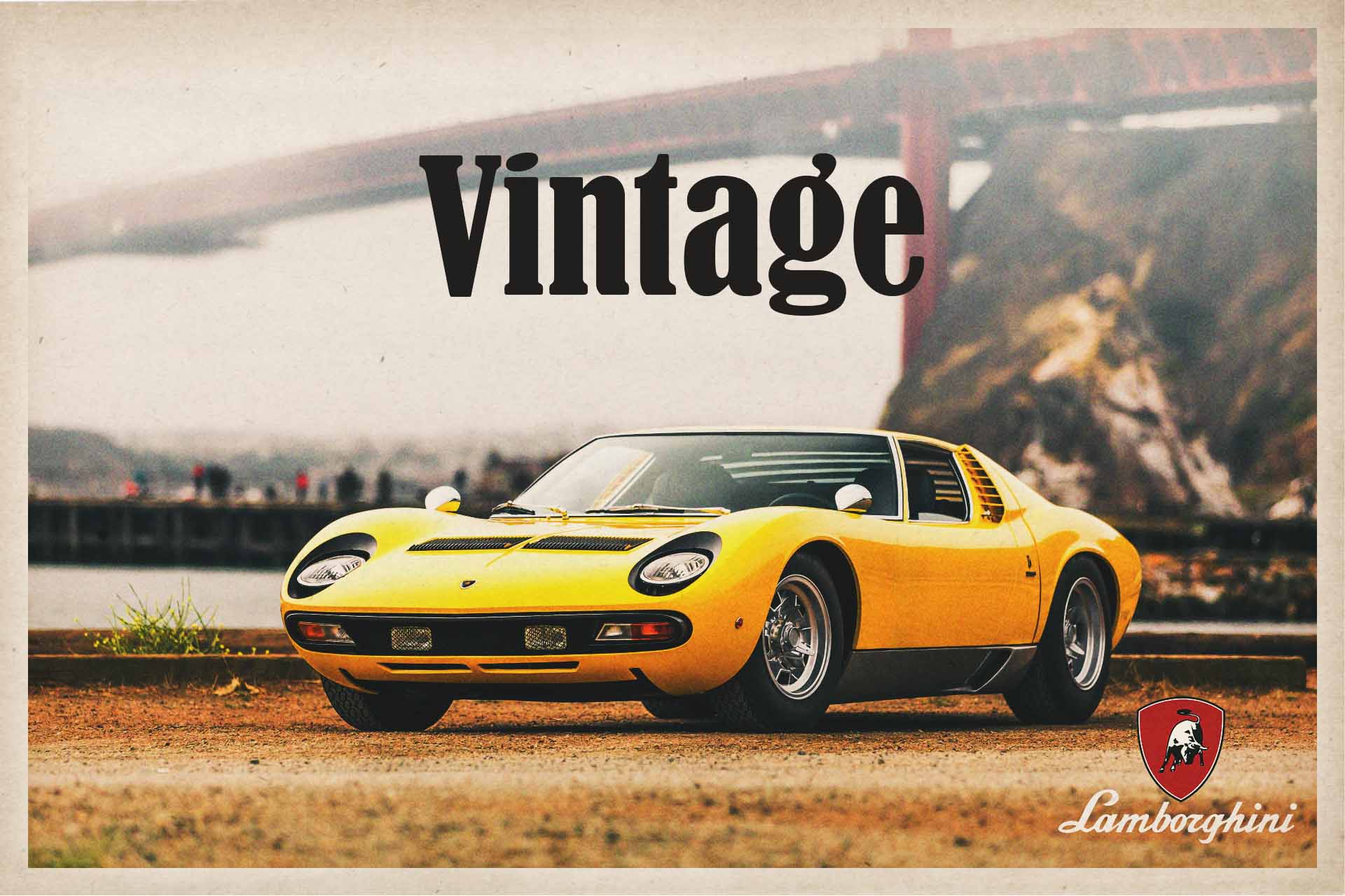 Mockup of a vintage Lamborghini ad with a yellow Miura parked under and in front of the Golden Gate Bridge