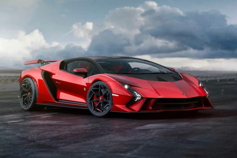 Red Lamborghini Invencible supercar on a runway of an airfield with storm clouds in the background.