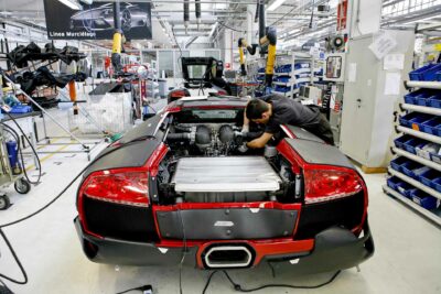 Rear view of a LAmborghini Murcielago being built at the Lamborghini factory.