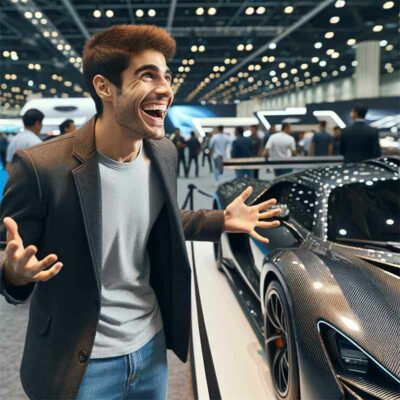 A scene at a car show in a convention center, featuring a car enthusiast, a young Hispanic man, radiating happiness and excitement as he sees a supercar made out of carbon fiber. The enthusiast is dressed in a stylish jacket and jeans, with a wide smile and eyes wide with admiration. The supercar, with a sleek and modern design, stands out with its glossy carbon fiber body, reflecting the indoor lighting. The convention center is spacious and filled with various other high-end cars and visitors, creating a dynamic and vibrant atmosphere typical of such events.