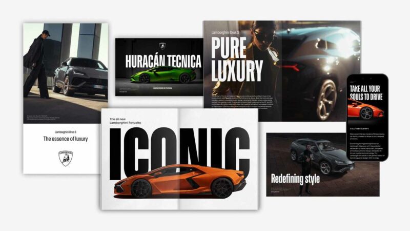 Magazine pages as examples of the new Lamborghini brand identity.