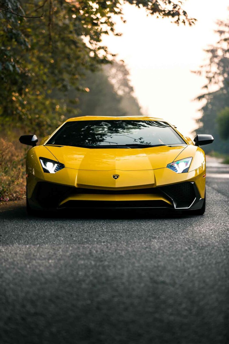 Yellow Lamborghini Aventador on a road in fall at sunset with trees in the background.