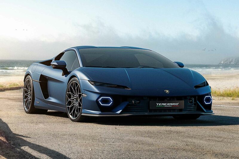 Front corner view of a blue Lamborghini Temerario on a tarmac road.