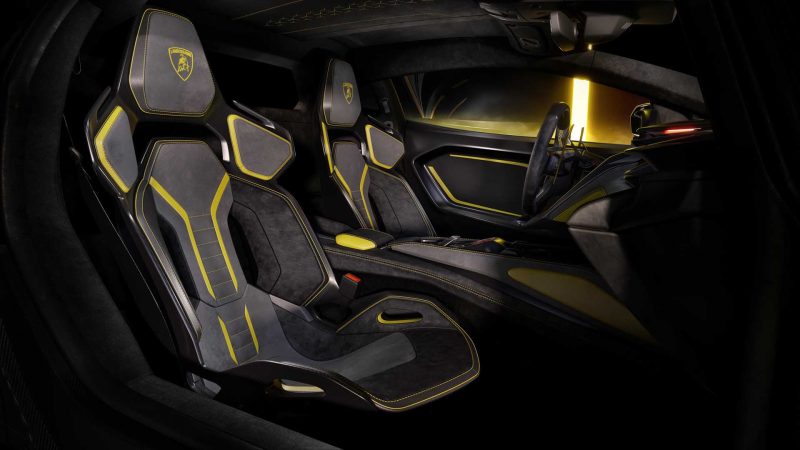Rendering of Lamborghini Femoneno interior with yellow accents showing the seats.