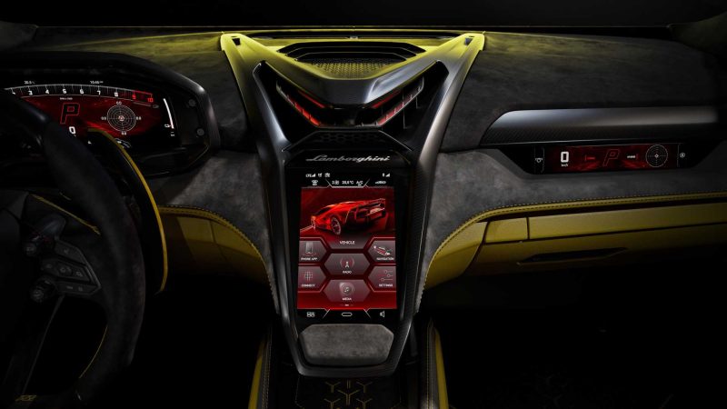 Rendering of Lamborghini Femoneno interior with yellow accents showing the center console.