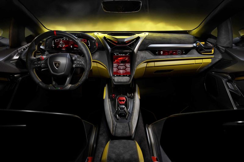 Rendering of Lamborghini Femoneno interior with yellow accents showing the dashboard and center console.