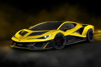 Rendering of yellow Lamborghini Femoneno front three quarter view.