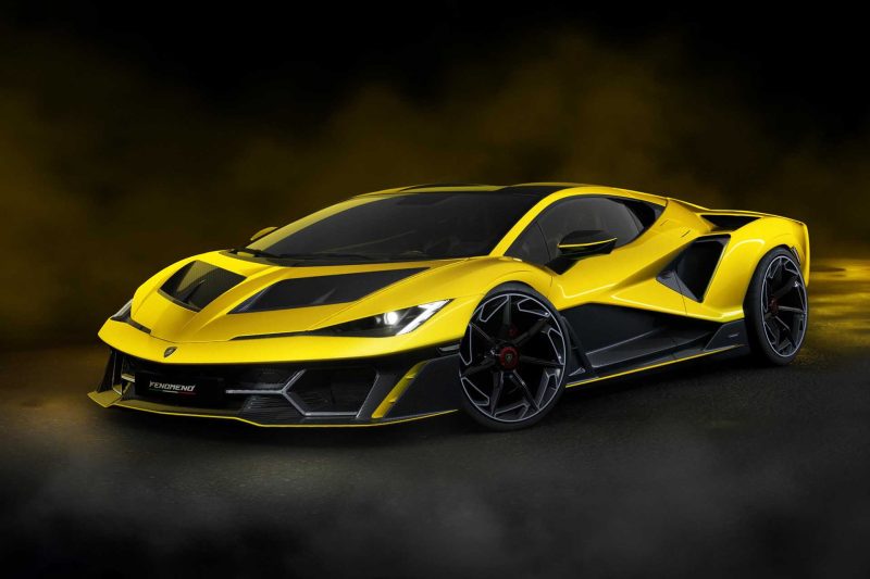 Rendering of yellow Lamborghini Femoneno front three quarter view.