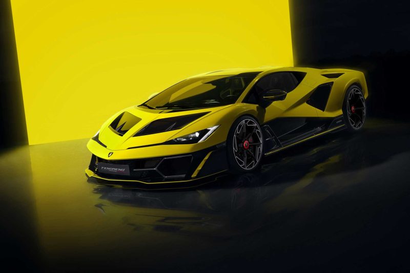 Rendering of yellow Lamborghini Femoneno front three quarter view
