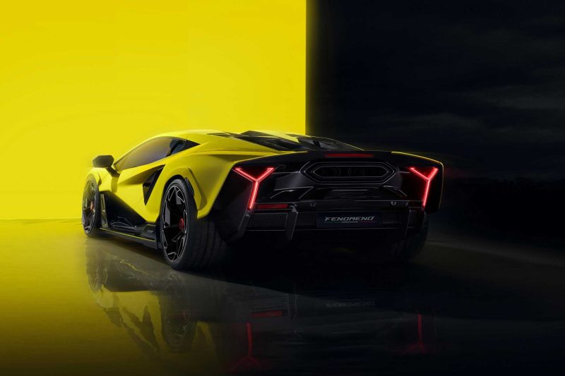 Rendering of yellow Lamborghini Femoneno rear three quarters view