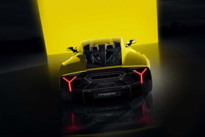Rendering of yellow Lamborghini Femoneno rear end.