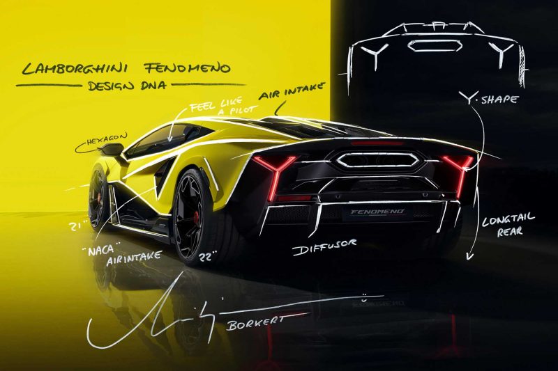Design sketch of the Lamborghini Femoneno by Mitja Borkert showing the rear quarter.