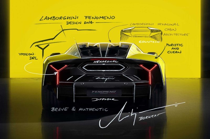 Design sketch of the Lamborghini Femoneno by Mitja Borkert showing the rear end.