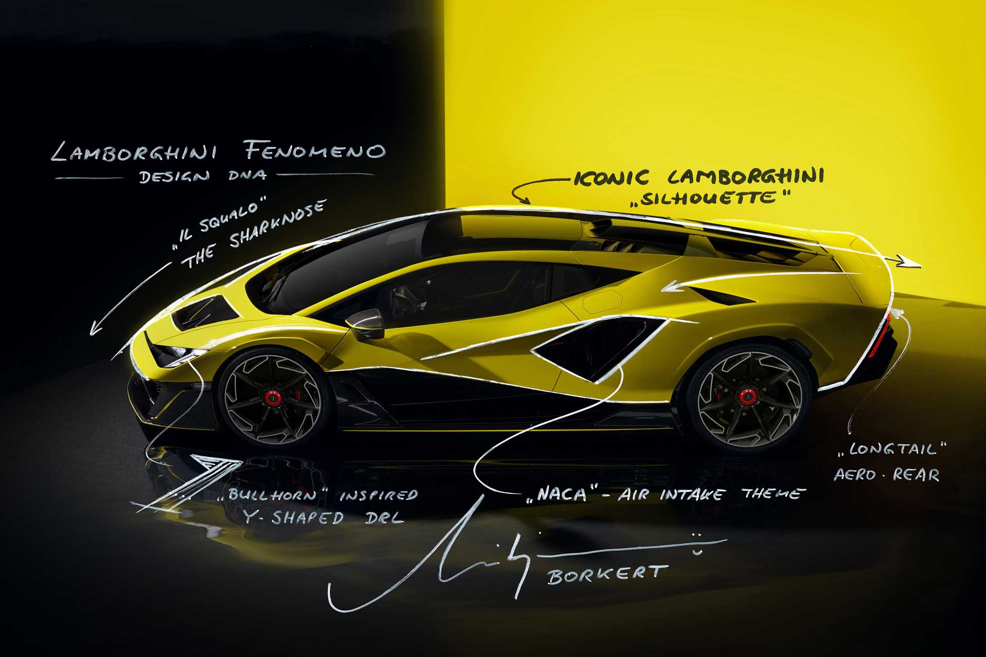 Design sketch of the Lamborghini Femoneno by Mitja Borkert showing the side.