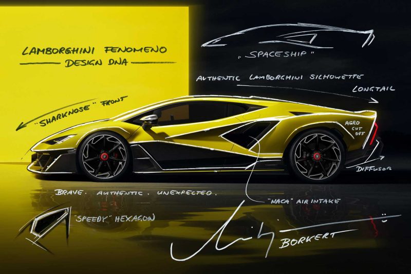 Design sketch of the Lamborghini Femoneno by Mitja Borkert showing the side air intakes and wheels.
