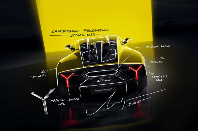 Design sketch of the Lamborghini Femoneno by Mitja Borkert showing the rear and and engine cover.