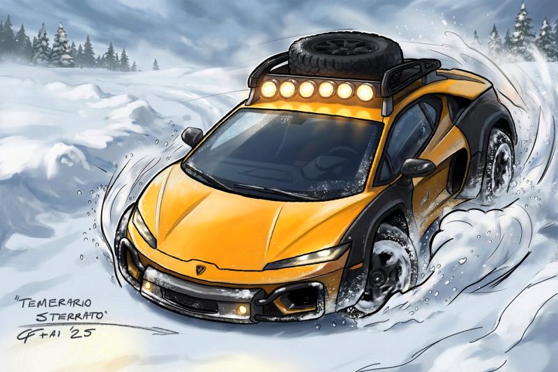 Lamborghini Temerario Sterrato concept art featuring off-road modifications including light bar, spare tire, and protective cladding in winter scene